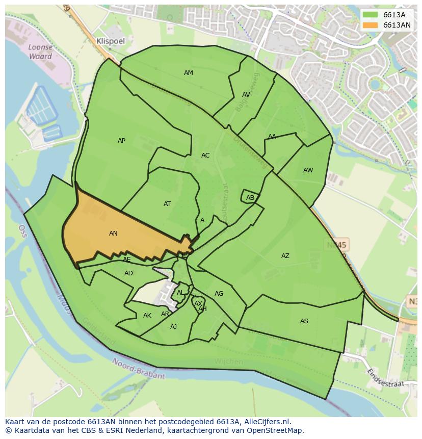 Afbeelding van het postcodegebied 6613 AN op de kaart.