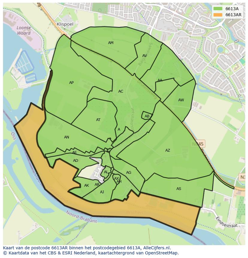 Afbeelding van het postcodegebied 6613 AR op de kaart.