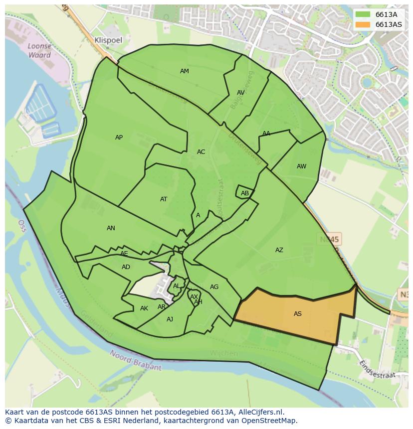 Afbeelding van het postcodegebied 6613 AS op de kaart.