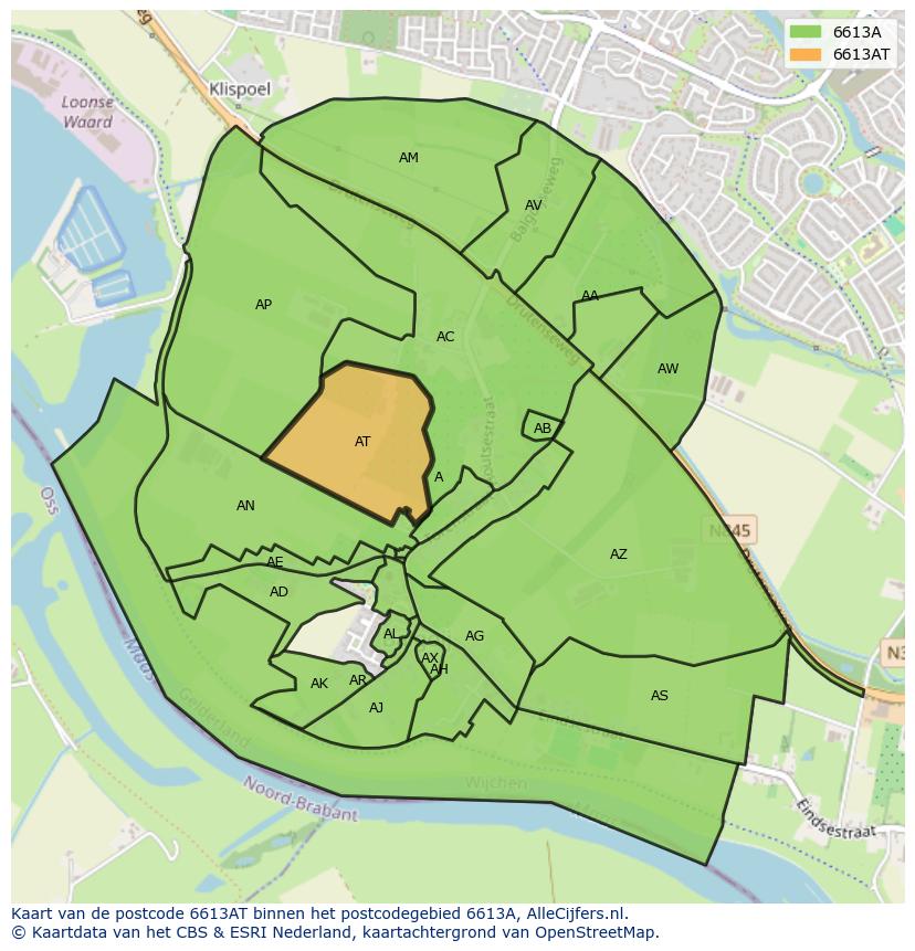 Afbeelding van het postcodegebied 6613 AT op de kaart.