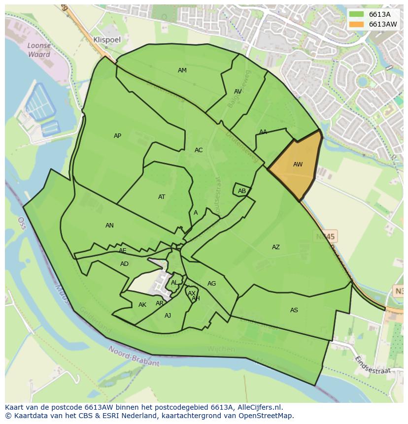 Afbeelding van het postcodegebied 6613 AW op de kaart.
