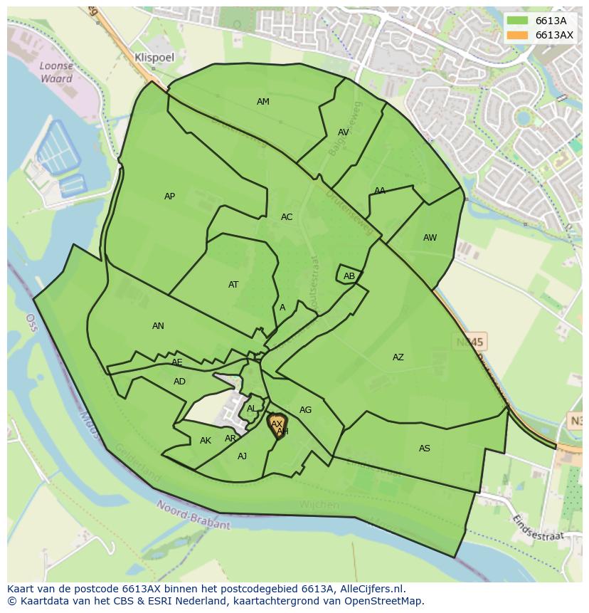 Afbeelding van het postcodegebied 6613 AX op de kaart.