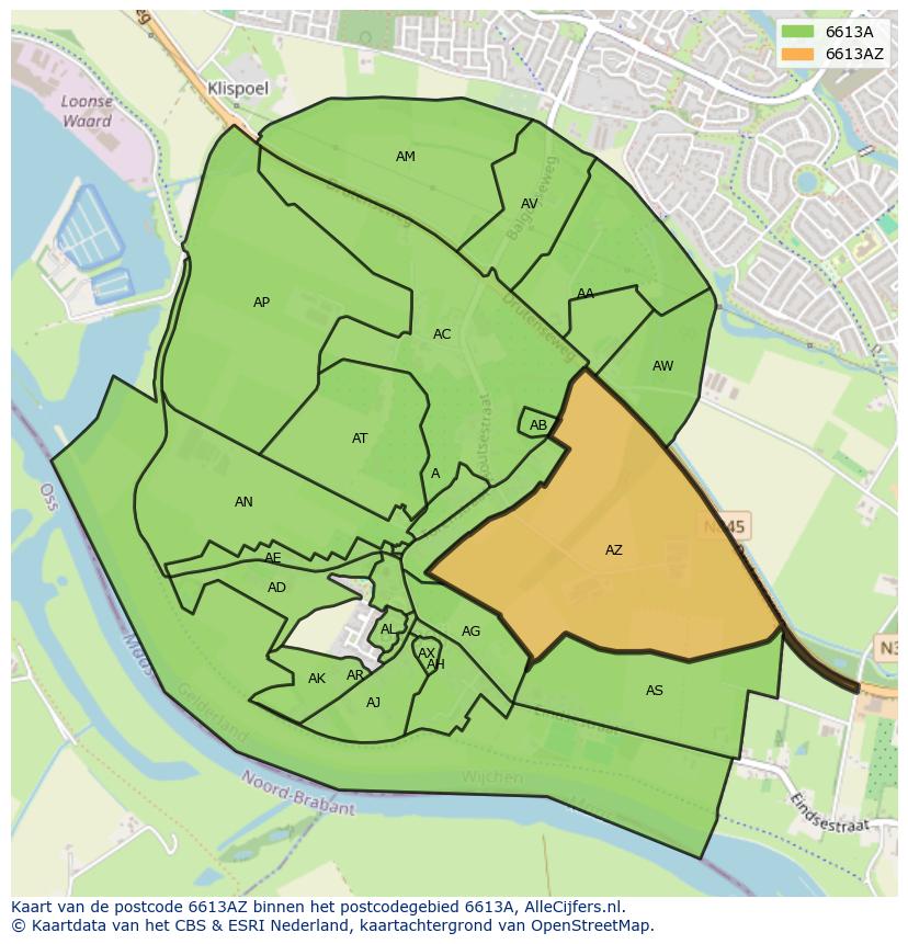 Afbeelding van het postcodegebied 6613 AZ op de kaart.