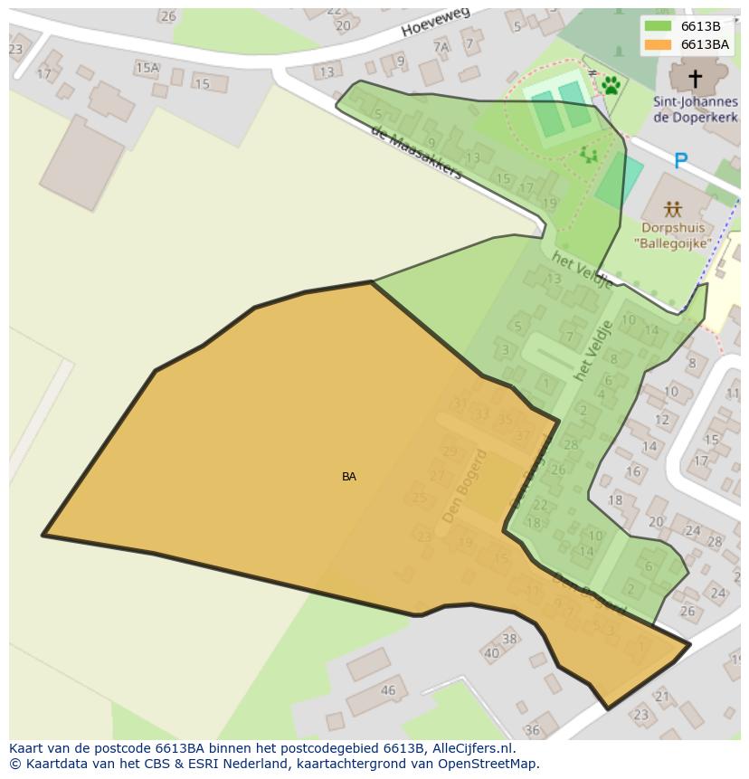 Afbeelding van het postcodegebied 6613 BA op de kaart.