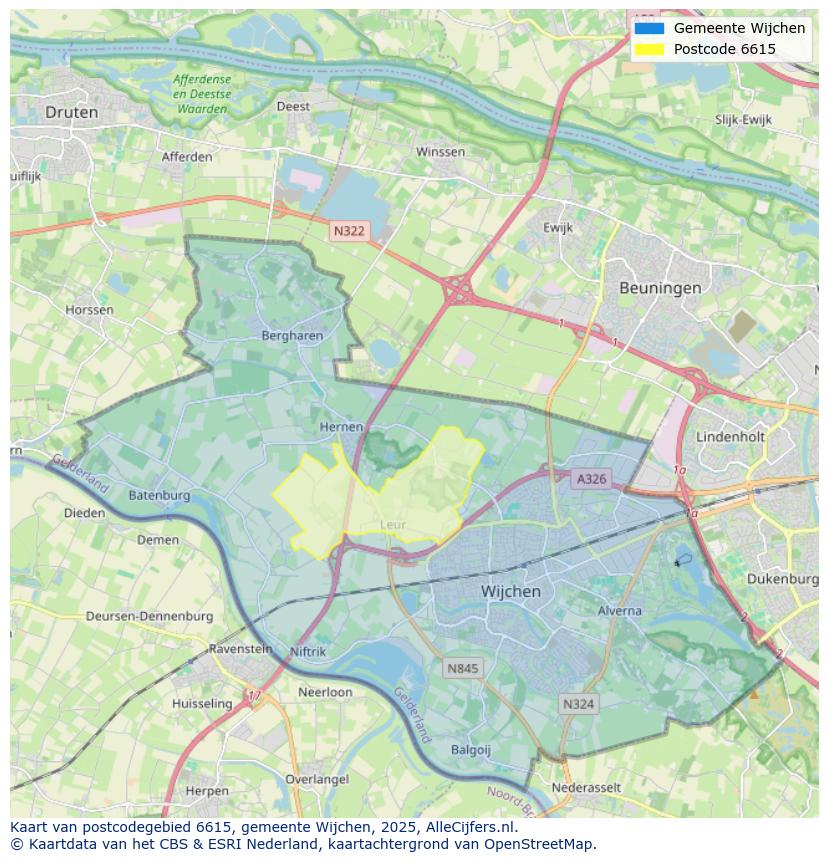 Afbeelding van het postcodegebied 6615 op de kaart.