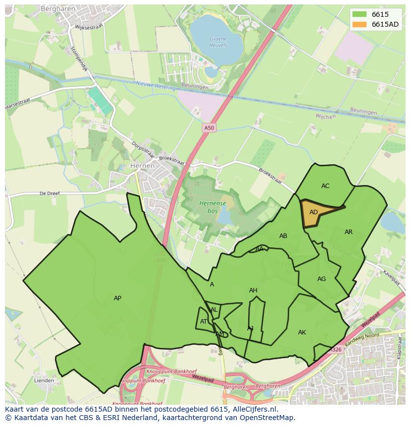 Afbeelding van het postcodegebied 6615 AD op de kaart.