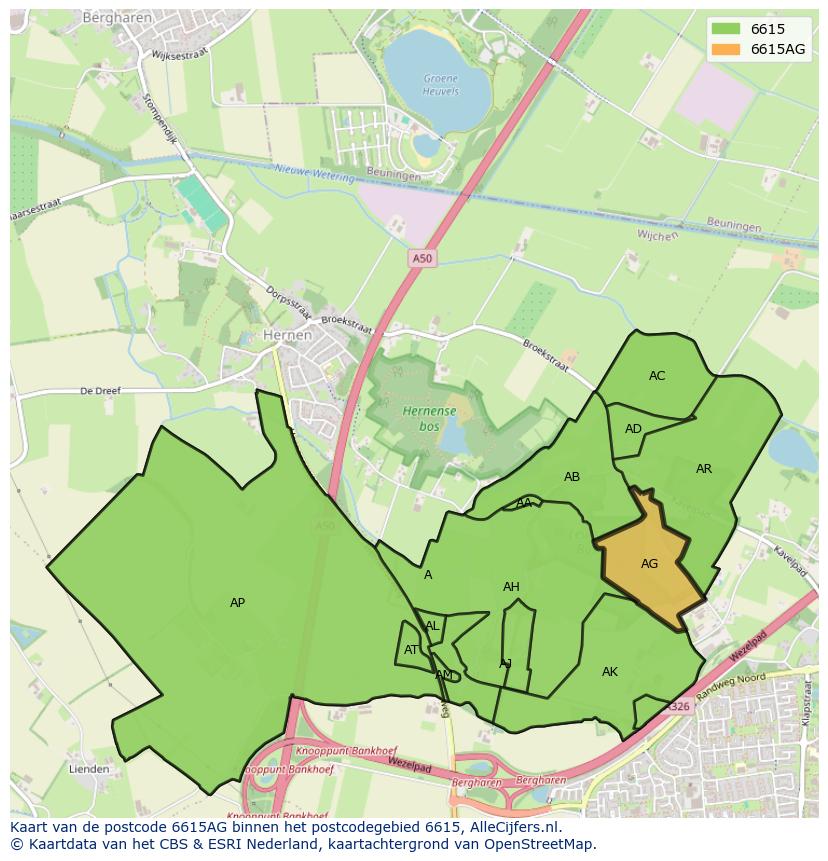 Afbeelding van het postcodegebied 6615 AG op de kaart.