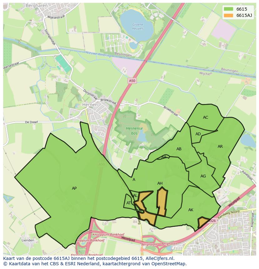 Afbeelding van het postcodegebied 6615 AJ op de kaart.