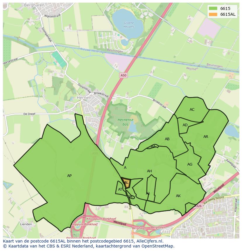 Afbeelding van het postcodegebied 6615 AL op de kaart.