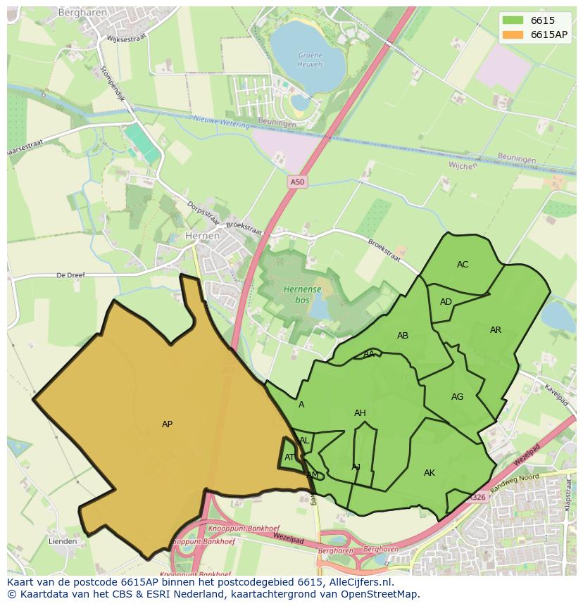 Afbeelding van het postcodegebied 6615 AP op de kaart.