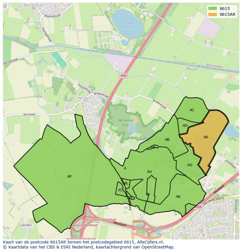 Afbeelding van het postcodegebied 6615 AR op de kaart.