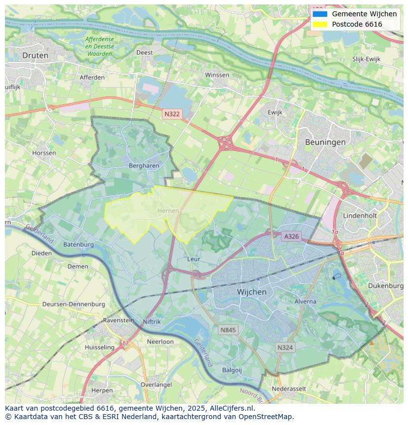 Afbeelding van het postcodegebied 6616 op de kaart.