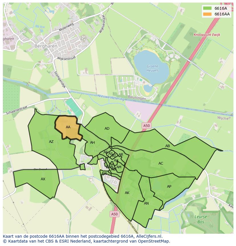 Afbeelding van het postcodegebied 6616 AA op de kaart.