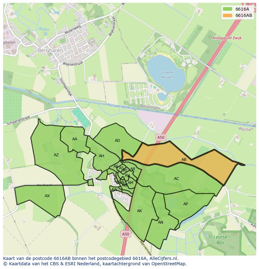 Afbeelding van het postcodegebied 6616 AB op de kaart.