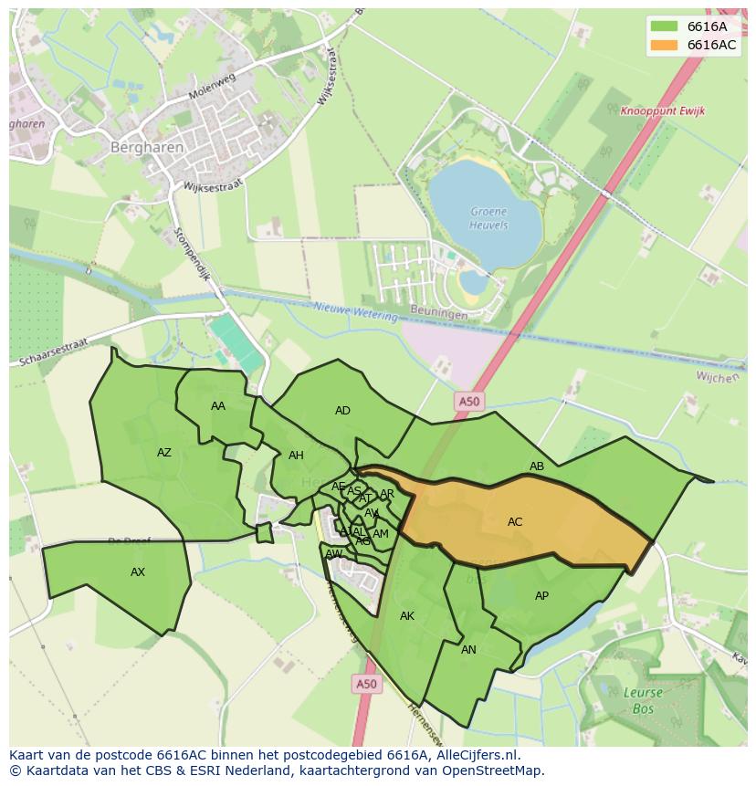 Afbeelding van het postcodegebied 6616 AC op de kaart.