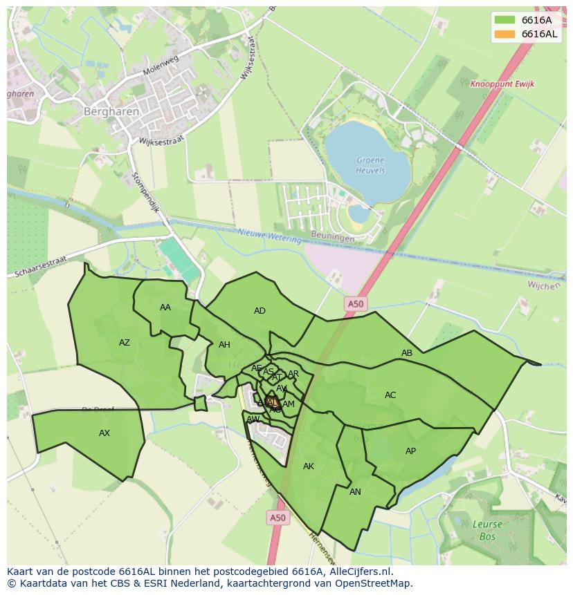 Afbeelding van het postcodegebied 6616 AL op de kaart.