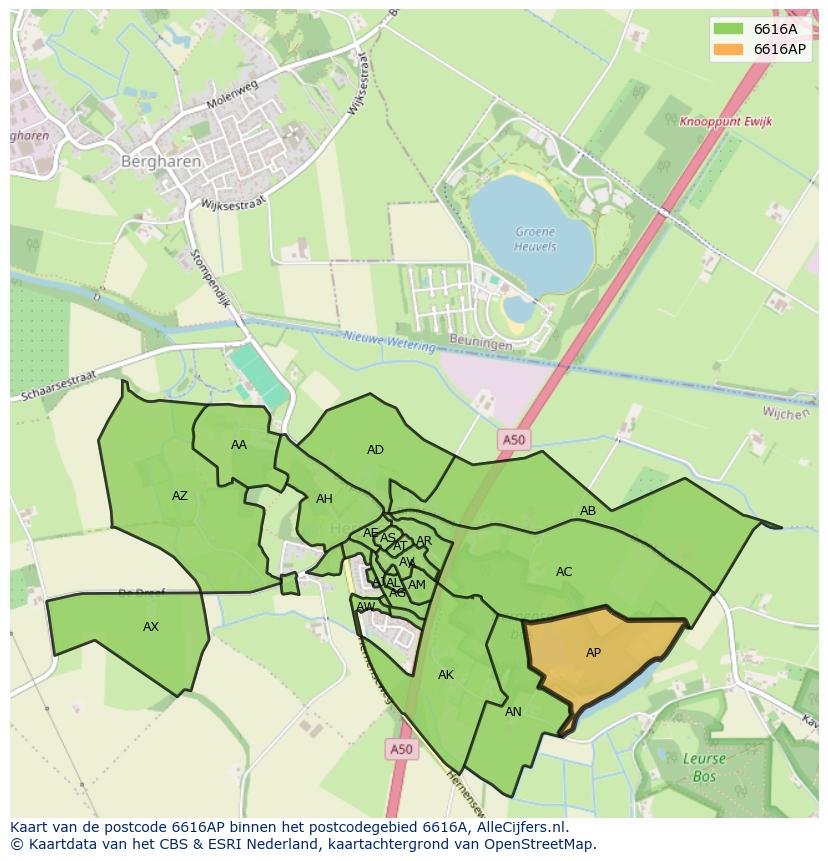 Afbeelding van het postcodegebied 6616 AP op de kaart.