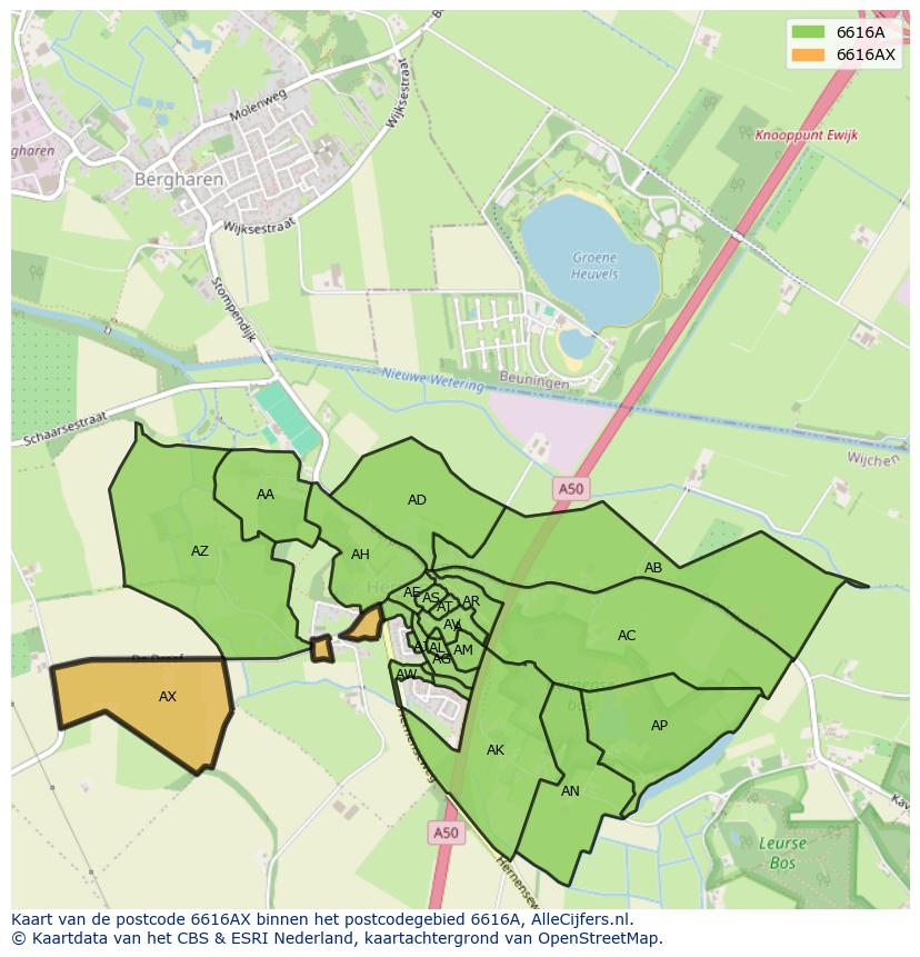 Afbeelding van het postcodegebied 6616 AX op de kaart.