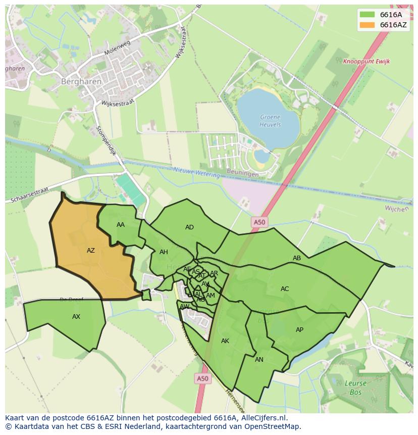 Afbeelding van het postcodegebied 6616 AZ op de kaart.