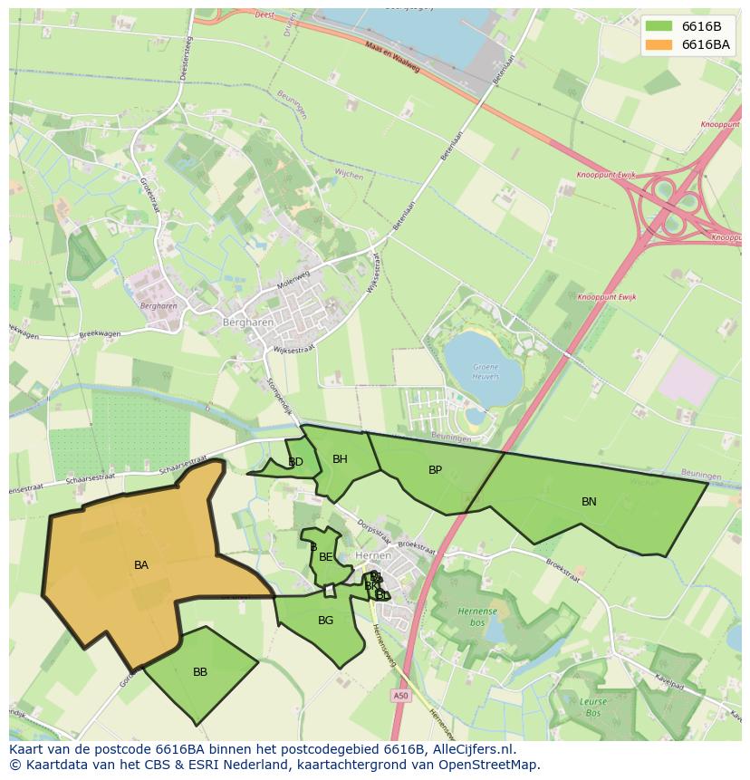 Afbeelding van het postcodegebied 6616 BA op de kaart.