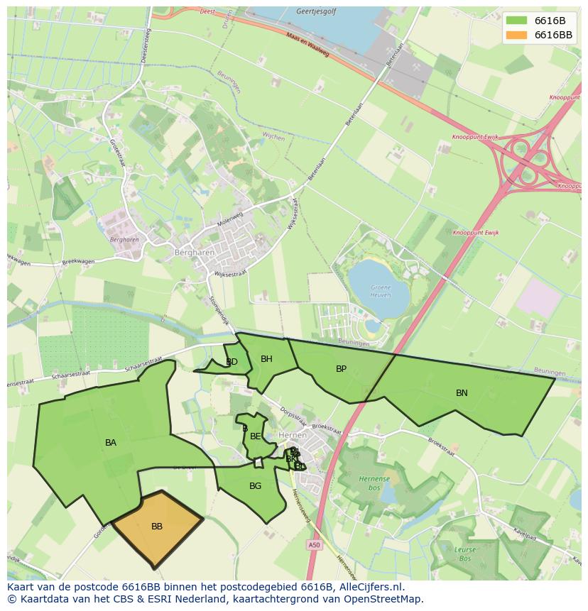 Afbeelding van het postcodegebied 6616 BB op de kaart.