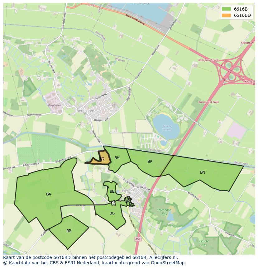 Afbeelding van het postcodegebied 6616 BD op de kaart.
