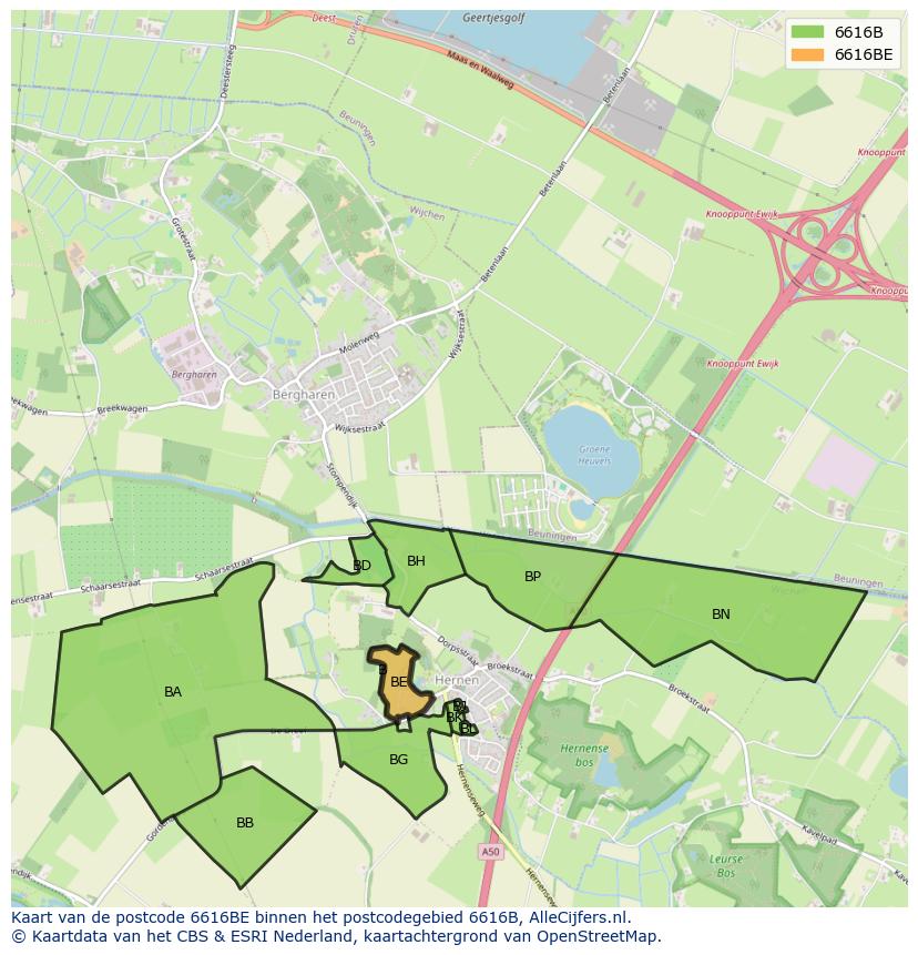 Afbeelding van het postcodegebied 6616 BE op de kaart.