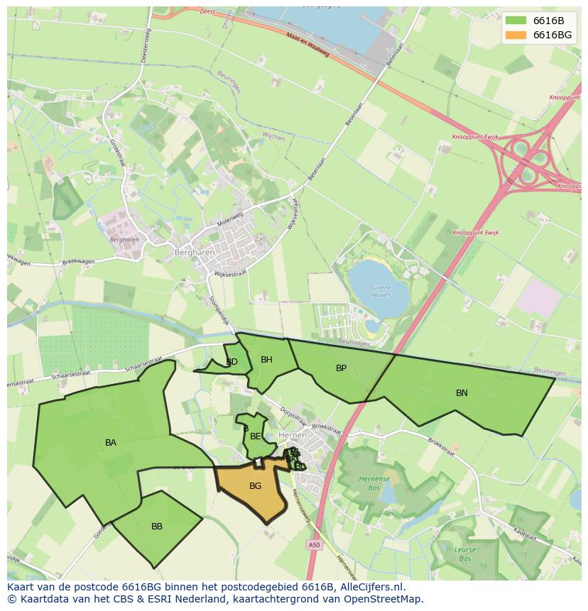 Afbeelding van het postcodegebied 6616 BG op de kaart.