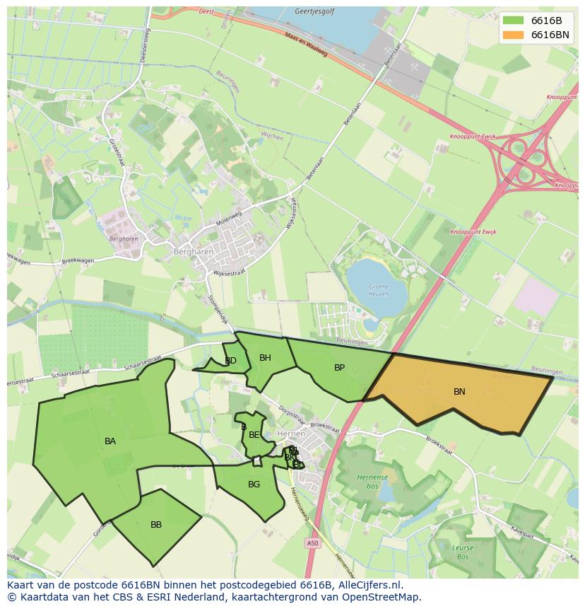 Afbeelding van het postcodegebied 6616 BN op de kaart.