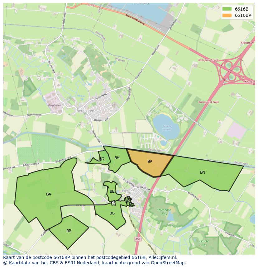 Afbeelding van het postcodegebied 6616 BP op de kaart.