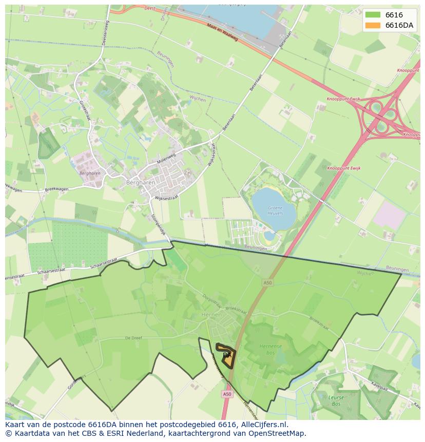 Afbeelding van het postcodegebied 6616 DA op de kaart.