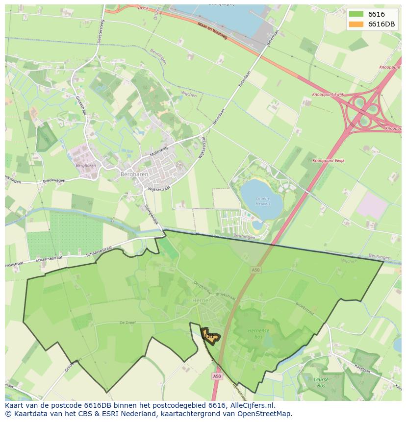 Afbeelding van het postcodegebied 6616 DB op de kaart.