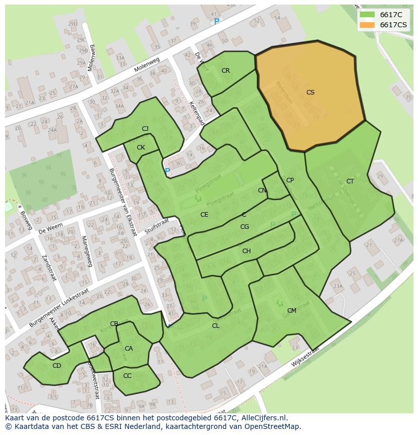 Afbeelding van het postcodegebied 6617 CS op de kaart.