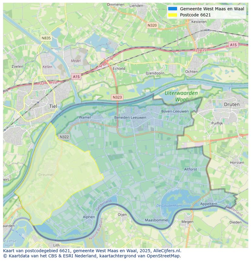 Afbeelding van het postcodegebied 6621 op de kaart.