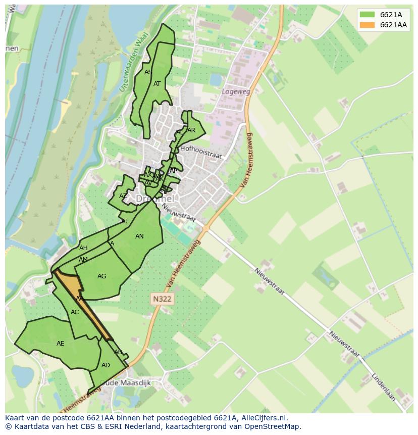 Afbeelding van het postcodegebied 6621 AA op de kaart.