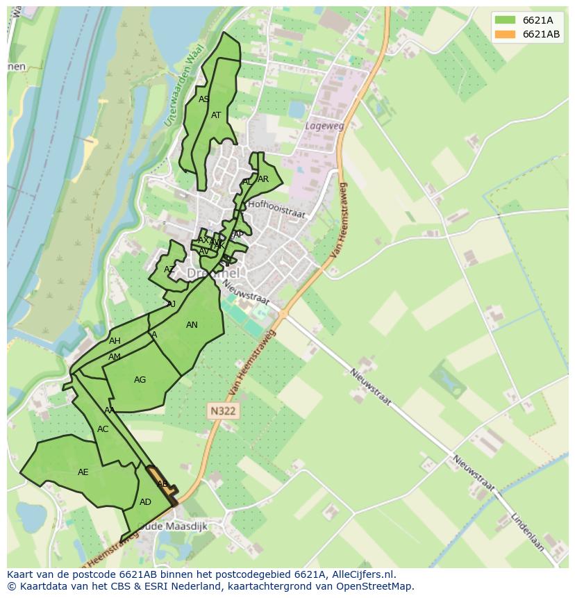 Afbeelding van het postcodegebied 6621 AB op de kaart.