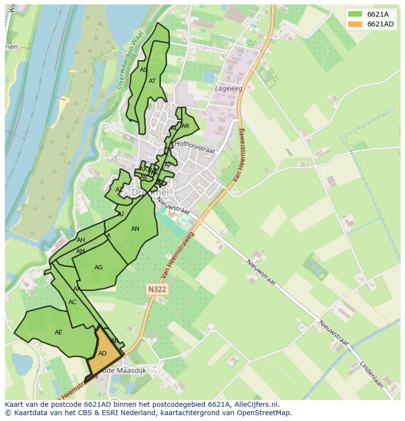 Afbeelding van het postcodegebied 6621 AD op de kaart.