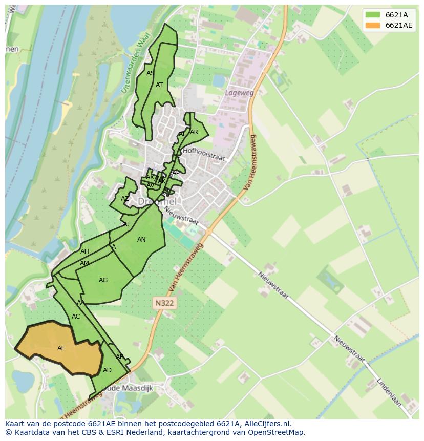 Afbeelding van het postcodegebied 6621 AE op de kaart.