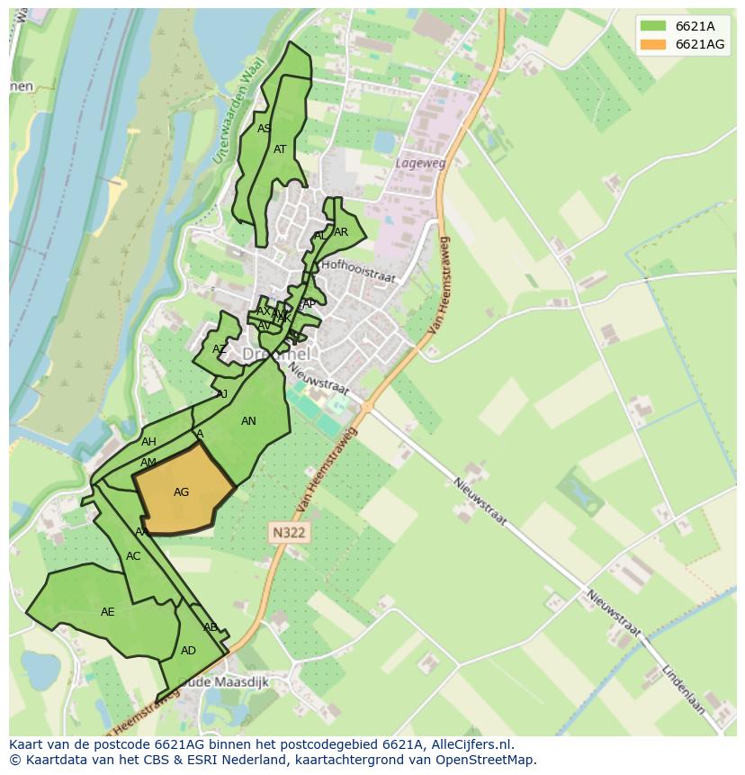 Afbeelding van het postcodegebied 6621 AG op de kaart.
