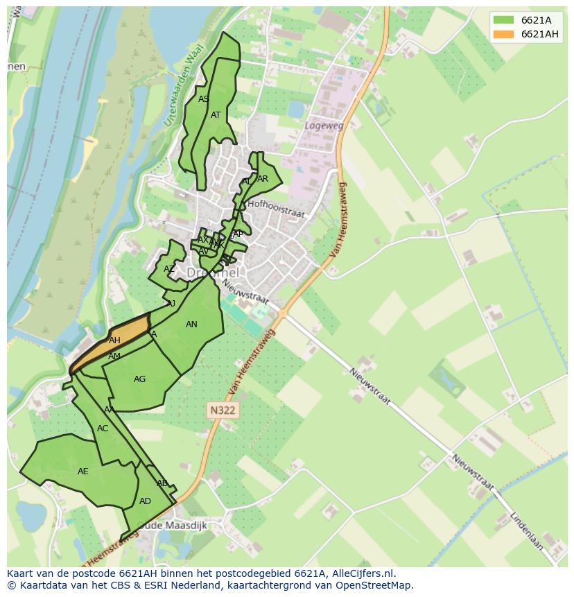 Afbeelding van het postcodegebied 6621 AH op de kaart.