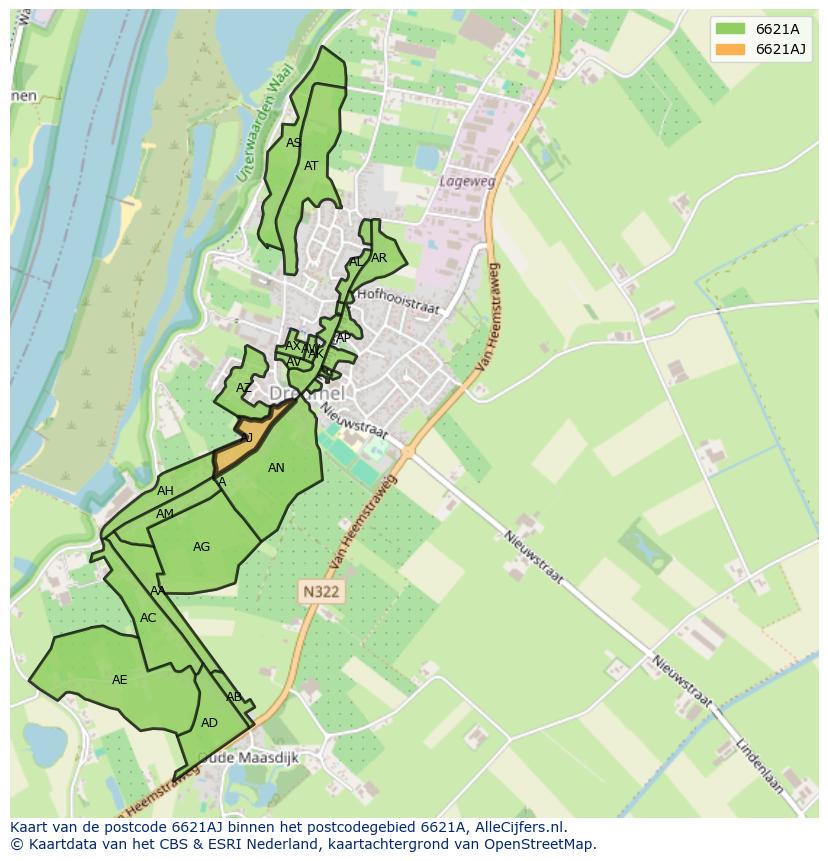 Afbeelding van het postcodegebied 6621 AJ op de kaart.