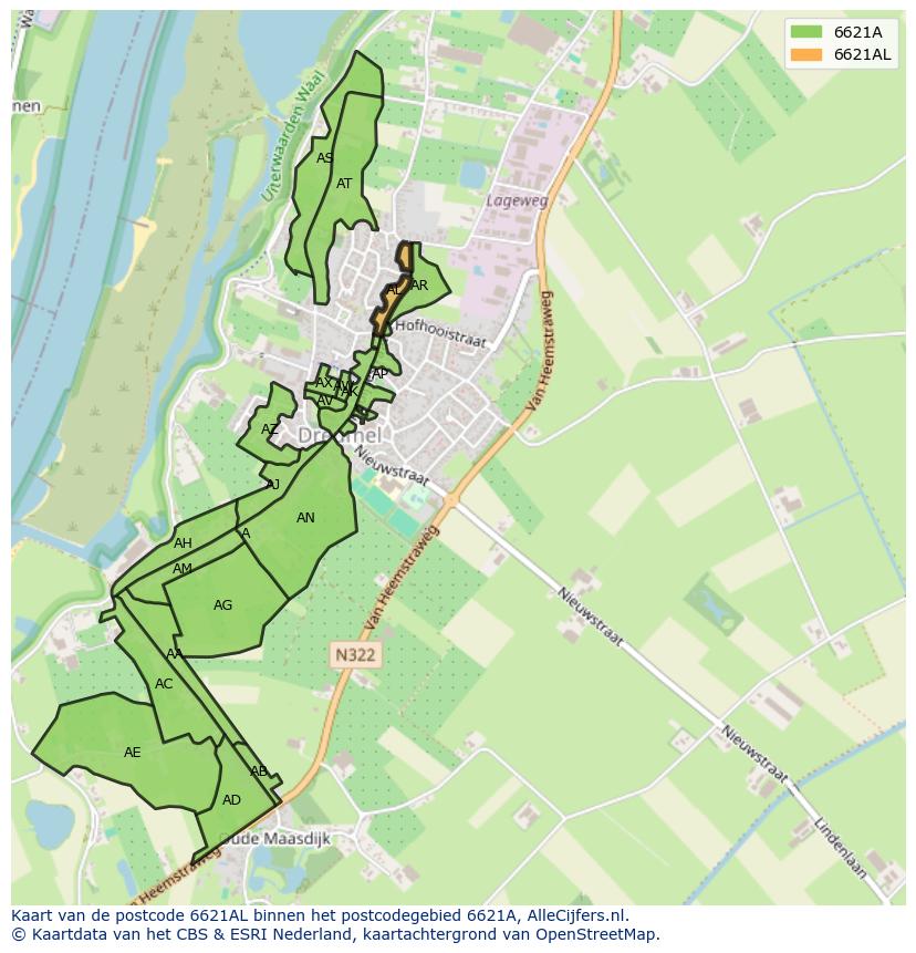 Afbeelding van het postcodegebied 6621 AL op de kaart.