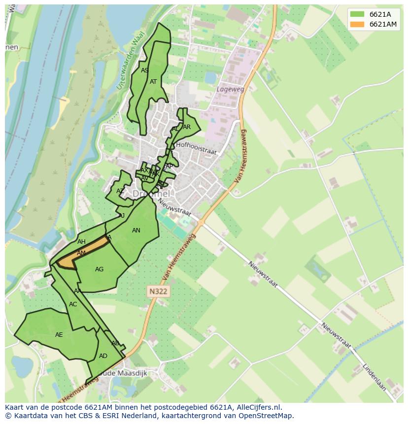 Afbeelding van het postcodegebied 6621 AM op de kaart.