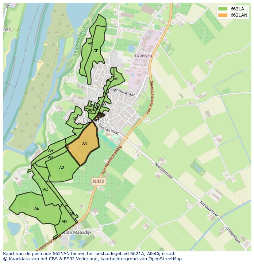 Afbeelding van het postcodegebied 6621 AN op de kaart.