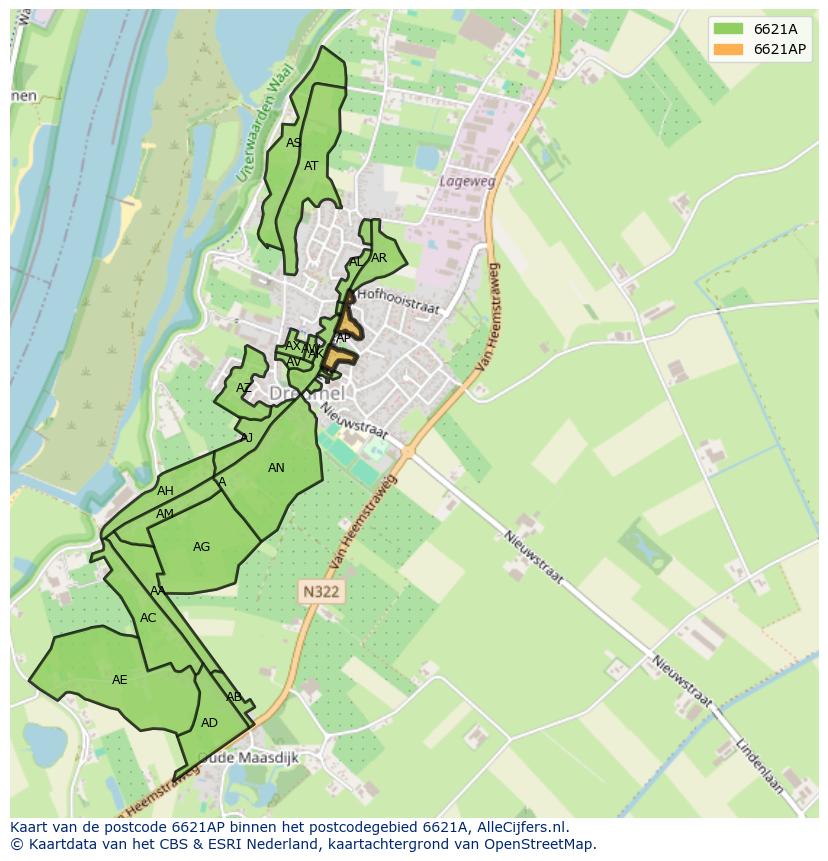 Afbeelding van het postcodegebied 6621 AP op de kaart.
