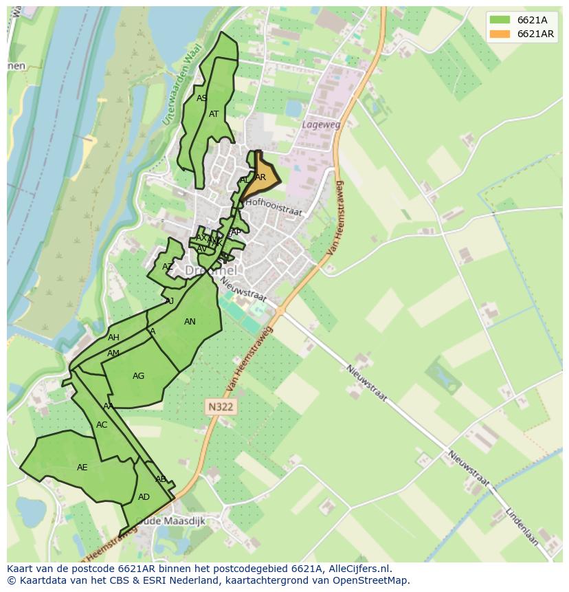 Afbeelding van het postcodegebied 6621 AR op de kaart.