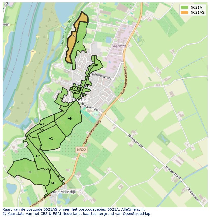 Afbeelding van het postcodegebied 6621 AS op de kaart.