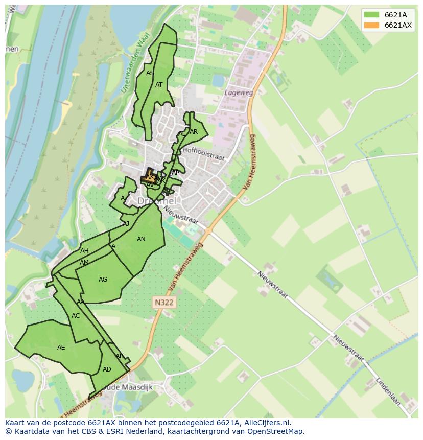 Afbeelding van het postcodegebied 6621 AX op de kaart.
