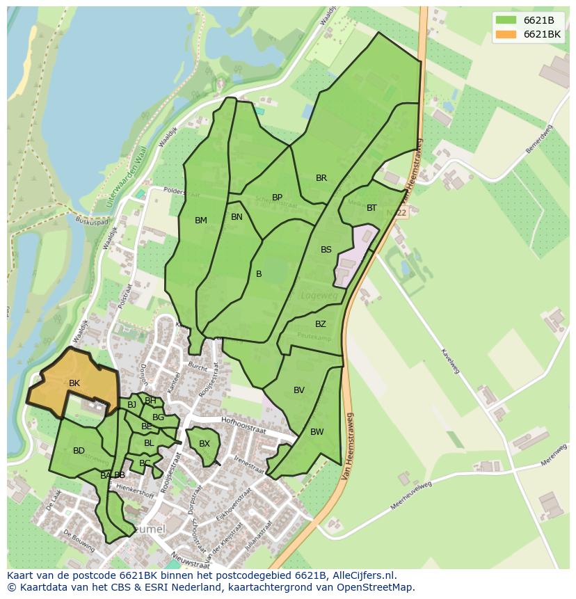 Afbeelding van het postcodegebied 6621 BK op de kaart.