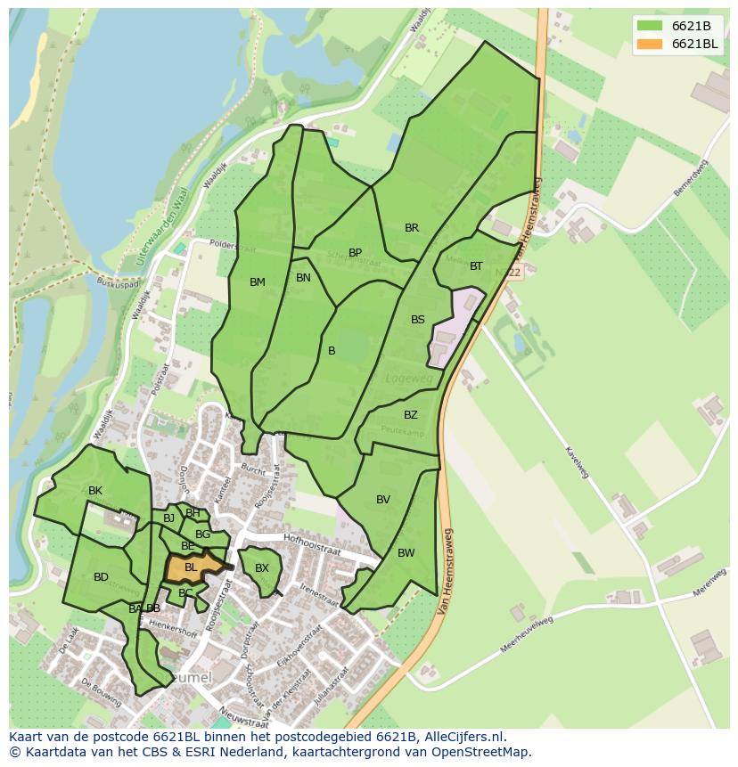 Afbeelding van het postcodegebied 6621 BL op de kaart.